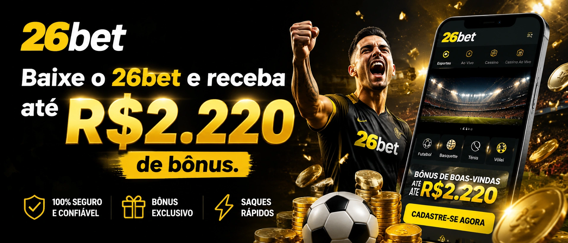 Interface móvel da 26bet com foco em jogos e recursos de conta no celular